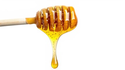 Honey is seen gracefully dripping from a dipper, isolated on a clean white background, a creation of generative AI. The golden, viscous texture of the honey is clearly visible as it cascades down,