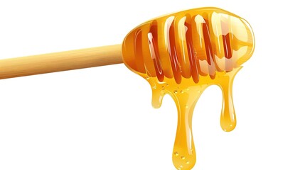 Honey is seen gracefully dripping from a dipper, isolated on a clean white background, a creation of generative AI. The golden, viscous texture of the honey is clearly visible as it cascades down,