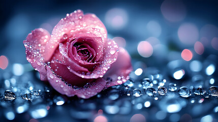 Dew-kissed pink rose on dark background with bokeh.