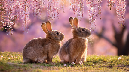 しだれ桜の下で上を見上げる2羽の茶色いウサギ