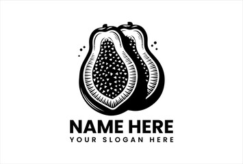 Bold Papayas with Leaves and Flower Graphic. Exotic Fruit Design