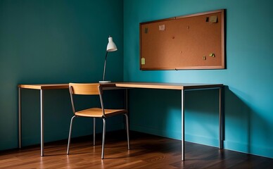 Interior view of a desk with a lamp chair and corkboard against a teal colored wall in a room