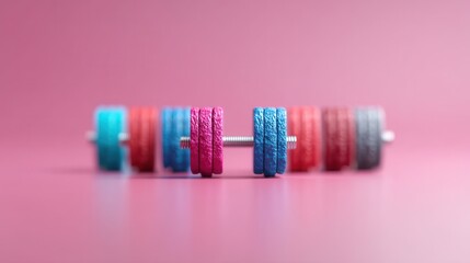 A vibrant arrangement of colorful weights on a pink background, showcasing fitness equipment designed for strength training and exercise.