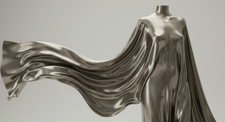 Abstract liquid metal fabric draping over a figure with soft minimalist background.
