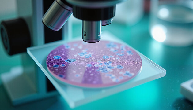 Microscopic view of malaria samples under modern science microscope  