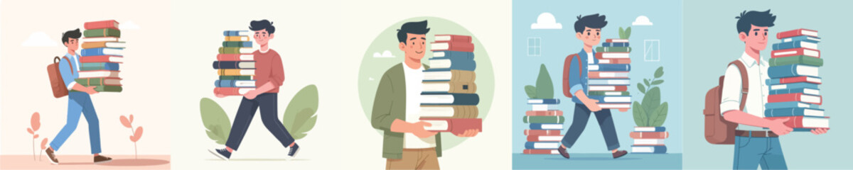 vector of young man carrying a pile of books