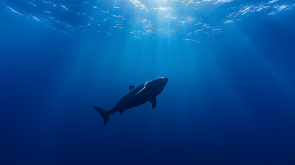 Sleek megalodon glides through deep waters, contrasting with a bulky silhouette in the background, embodying elegance and power.