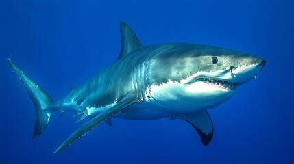 Obraz premium Sleek megalodon glides through deep waters, contrasting with a bulky silhouette in the background, embodying elegance and power.