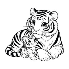 Line art of mother tiger and her cub cartoon vector