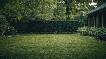 Green grass yard, trimmed bushes, and house in the background, daylight. Great for landscaping ads or a home improvement project background.