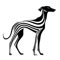 Obraz premium Stylized greyhound dog with abstract lines, Modern black and white vector illustration of a sleek greyhound dog with flowing abstract stripe patterns, perfect for logos or art.