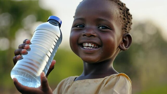 Happy African child holds bottle of water in poor village. Water and water supply problems in Africa