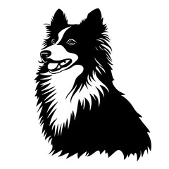 Fototapeta premium Fluffy border collie dog silhouette, Black and white vector silhouette of a standing fluffy border collie, perfect for pet themes, farm life, or logo design.