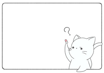 Frame on a white background with an illustration of a white cat frowning as it stares at medicine