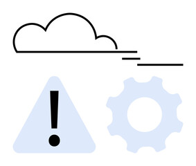 Cloud icon, warning triangle with exclamation mark, and gear symbolizing data processing, caution, troubleshooting, and system operations. Ideal for IT, warnings, cloud storage maintenance