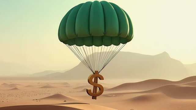 Parachute with dollar sign gently landing in desert landscape, symbolizing emergency funds, government bailout, or financial support in hard times.