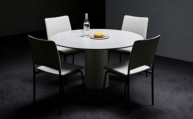 Round table with four chairs bottle and fruit in a minimalist setting with dark background and lighting