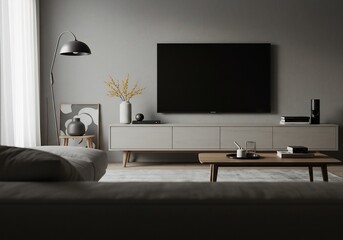Modern living room subtly lit showcasing sleek TV. AI Generated