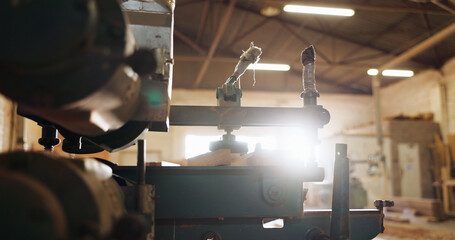 Woodwork, machine and carpentry in empty workshop of wood shaping, custom design and furniture...