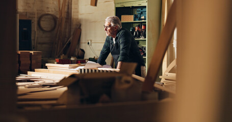 Carpenter, thinking and man in shop, manufacturing and ideas for woodworking in business and table....