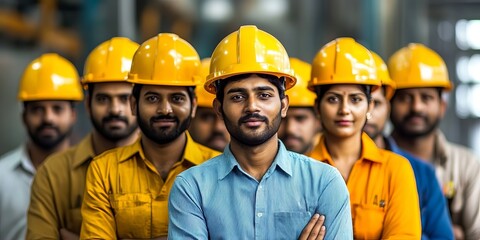 Group of Indian Factory Worker Wearing Safety Helmets, Workers in safety Gears