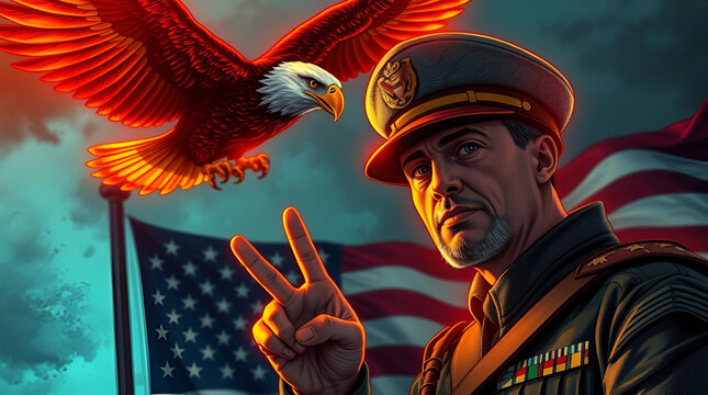 National Loyalty Day, May, American freedom, American soldier standing with his fingers making the Victory sign, Bald Eagle with American Flag, Generative Ai - Powered by Adobe