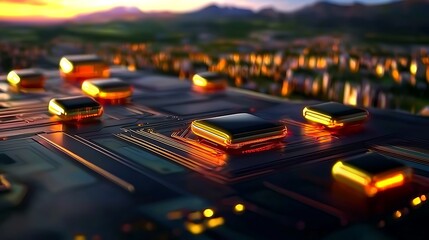 Close-up view of a futuristic circuit board with glowing components at sunset over a cityscape