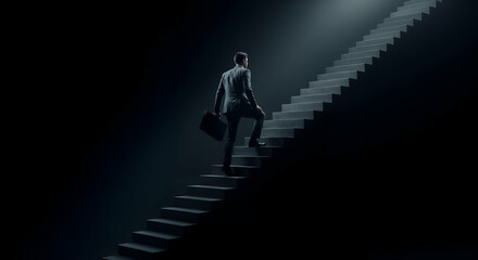 Obraz premium Businessman climb stairs to bright light.
