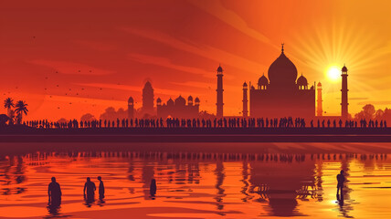 Vector illustration of an Indian festival, with a holy river and