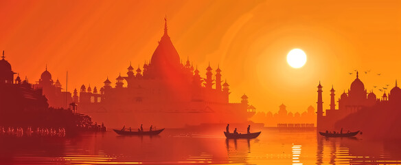 Vector illustration of an Indian festival, with a holy river and