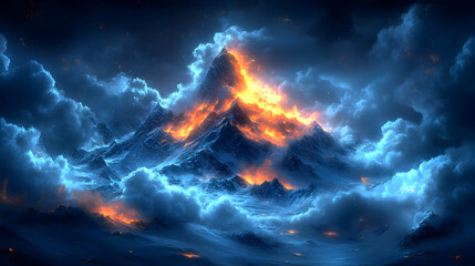 Fototapeta premium Fiery mountain peak engulfed in glowing blue clouds at night.
