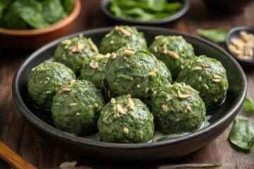 Fototapeta premium Spinach balls in creamy sauce in black bowl on wooden table with kitchen ingredients. Closeup shot with blurred background.