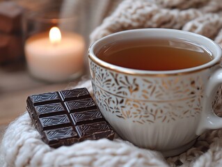 Cozy scene of tea, dark chocolate, and a warm blanket for relaxation