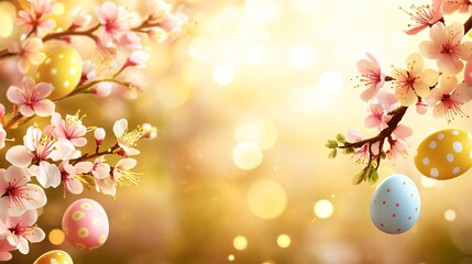 Fototapeta premium Close-Up of Colorful Easter Banner with Playful Bunnies Blooming Flowers and Pastel Eggs Made with Generative AI Technology