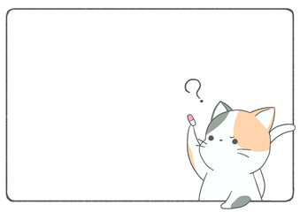 Frame on a white background with an illustration of a calico cat frowning as it stares at medicine