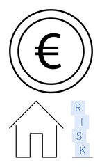 Euro coin in a circle, minimalist house outline, stacked blocks spelling RISK. Ideal for finance, real estate, investment, risk management, economy, savings and abstract line flat metaphor