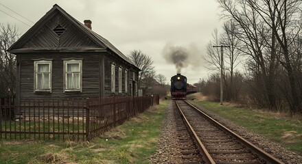 Fototapeta premium Rustic house near steaming train track. AI Generated