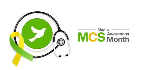 May is National Multiple Chemical Sensitivity Awareness Month. Bird, ribbon and stethoscope. Great for posters, banners, social media and more. White background.