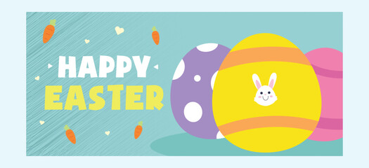 Happy Easter banner featuring a cute bunny face in a yellow egg with colorful decorated eggs and a pastel background. Perfect for festive design projects.
