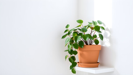 Fototapeta premium A potted plant sits on a shelf next to a white wall