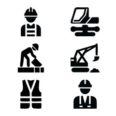 This image features a collection of black and white construction worker and equipment icons, suitable for use in websites, presentations, or documents.