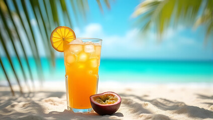 A refreshing tropical drink in clear glass filled with orange soda and ice cubes on sunny sandy beach under palm leaf shadows with sliced fruit beside, turquoise ocean and blue sky background