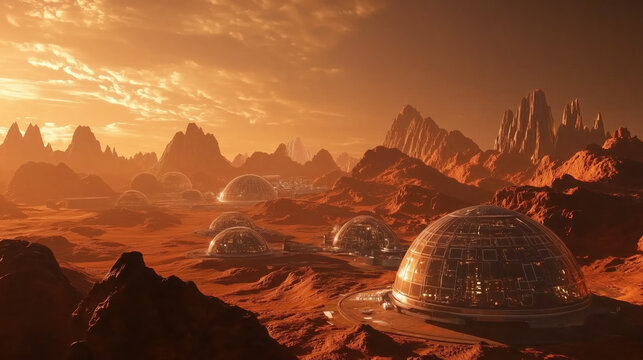 martian colony under domes on the red planet.