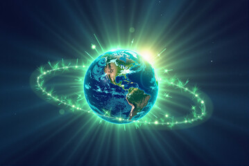 Fototapeta premium Mystical Earth with Luminous Green Energy Ring Against Cosmic Background