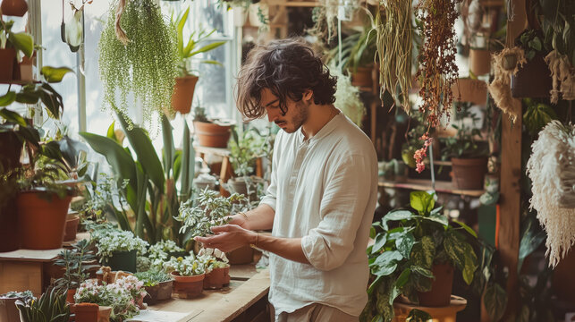 Man cares for indoor plants in cozy botanical interior