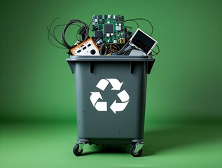 Overflowing trash container with discarded electronics and recycling symbol, representing electronic waste, environmental responsibility, and digital product disposal

