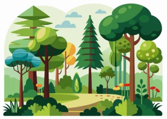 Fototapete Rund Green nature outdoor scene. Jungle background Vector flat color cartoon illustration of wet exotic rain forest scenery with trees and Liana vines, soil path and bushes.  © MdFiroza