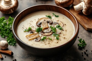 Creamy mushroom soup in a wooden bowl, garnished with parsley and pepper. Use this for recipes, food blogs, or menu design of delicious food.