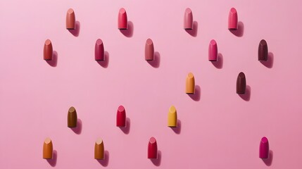 Assorted lipsticks in various shades arranged on pink background.