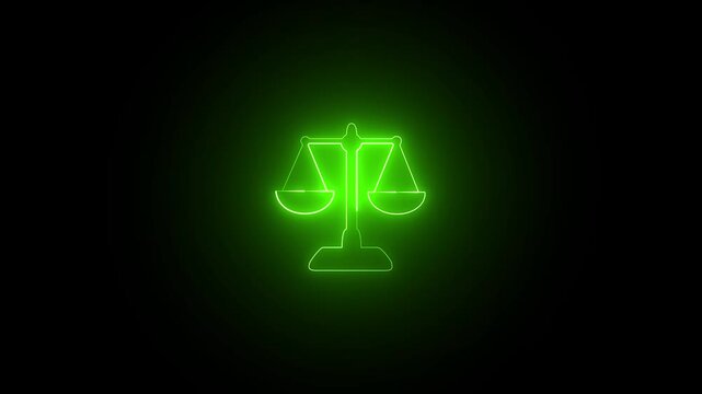 Glowing neon line judgement law justice animation scale. Neon scale sign animation.
